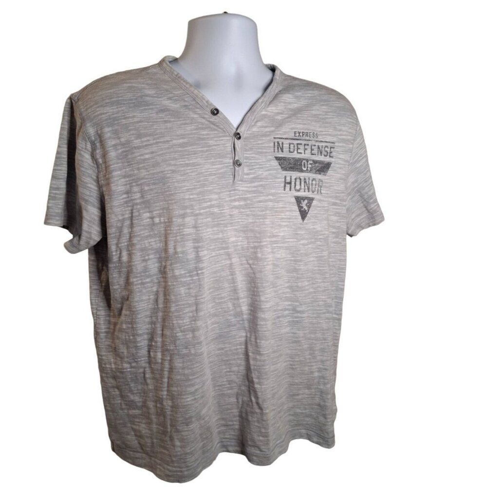 Express Mens XL TShirt Gray Defense Of Honor Henley Short Sleeve Gorpcore